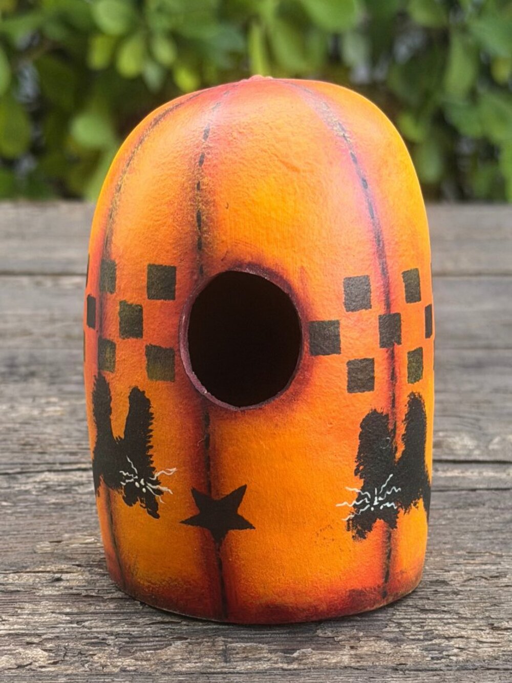 Hand Painted Gourd Black Cat Pumpkin Halloween Bird Feeder Folk Art Primitive